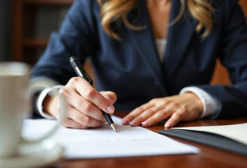Abogada revisando y firmando documentación jurídica